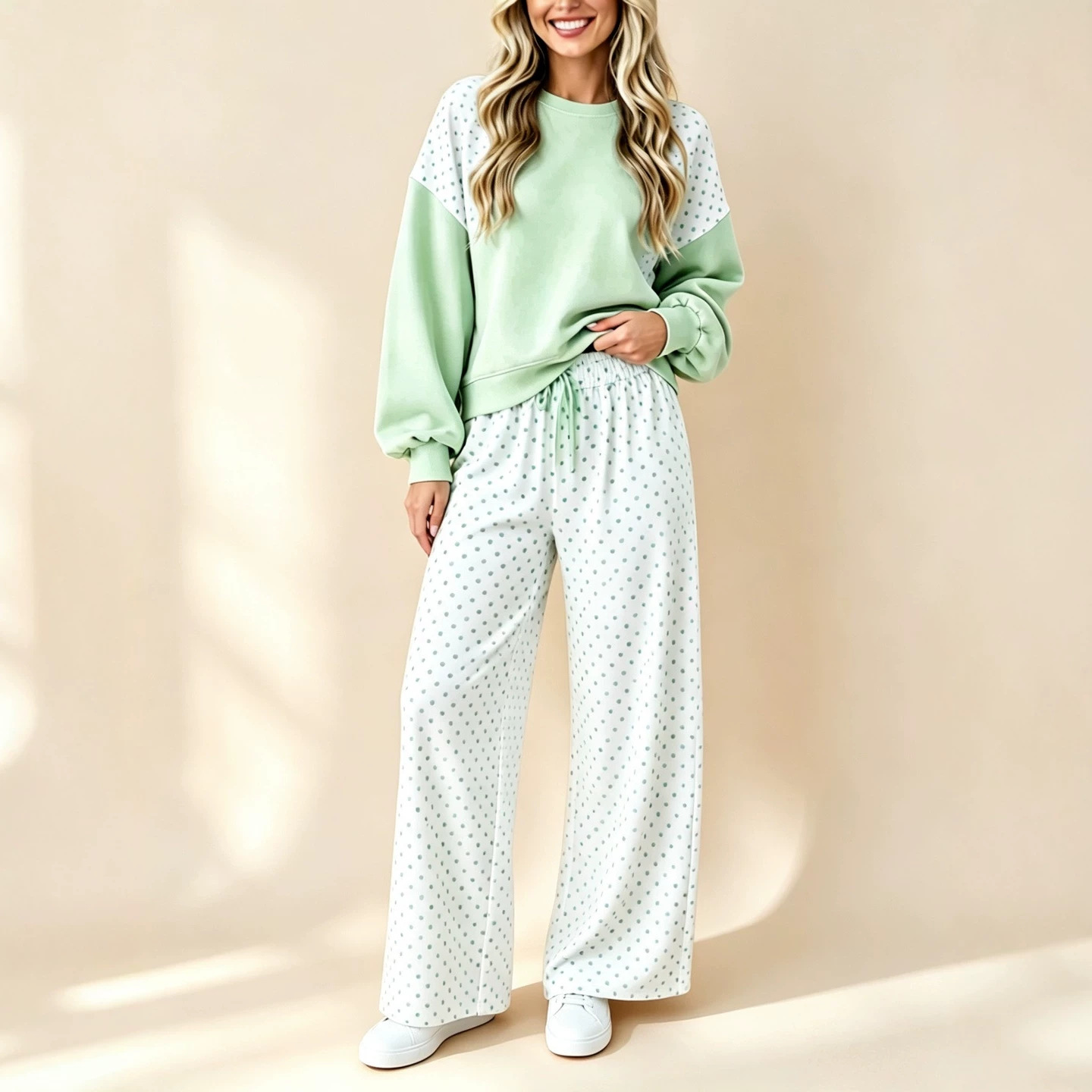 Colorblock Polka Dot Women's Two-Piece Set with Crew Neck Long Sleeve Top and Drawstring Wide-Leg Pants
