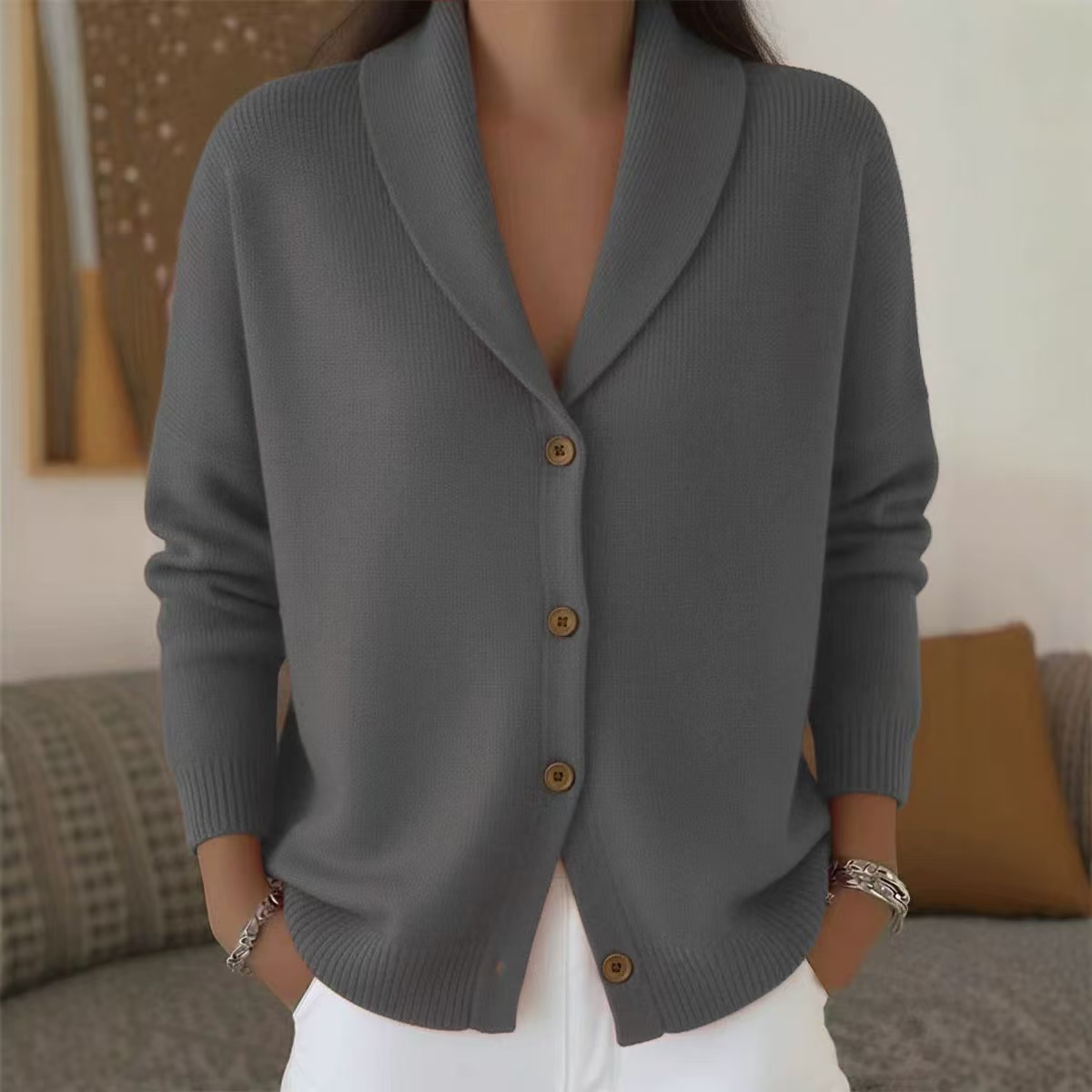 Button-Up Knit Collared Cardigan Sweater Coat Solid Color Women's