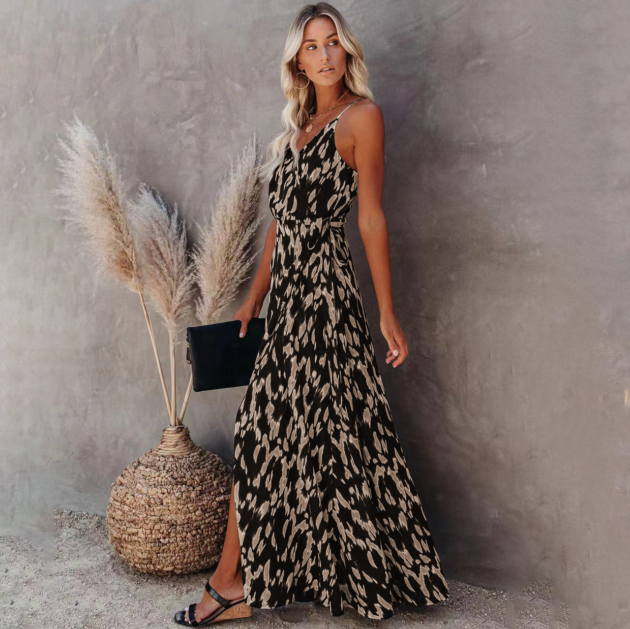 Women's Sleeveless Slit Midi Dress with Zebra Print