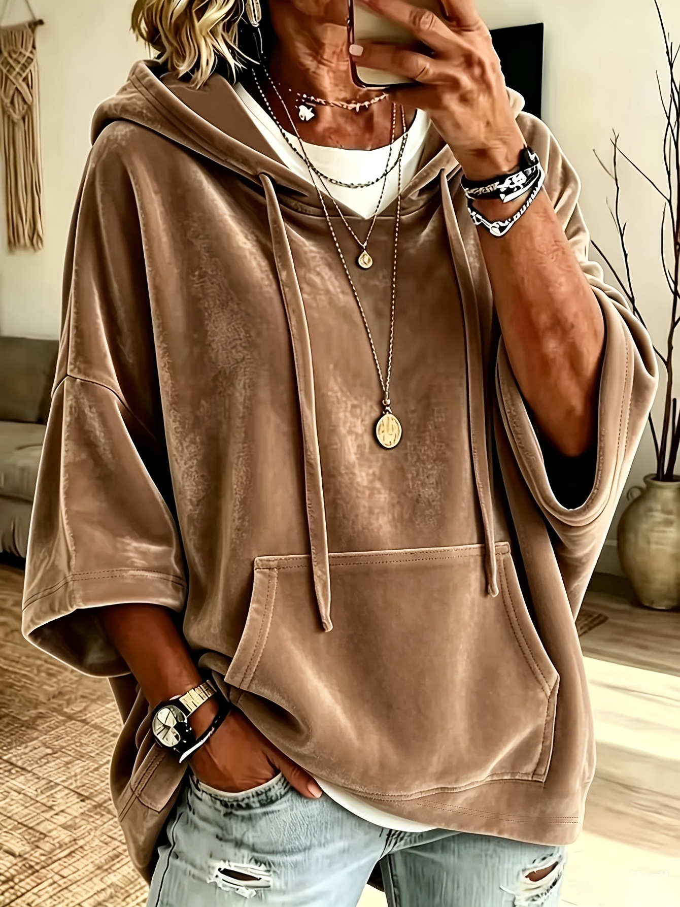 Velvet Hooded Sweatshirt Solid Color Plus Size with Pocket