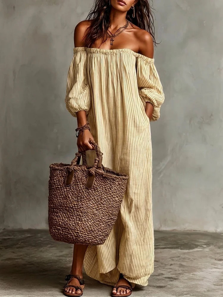 Striped Off-Shoulder A-Line Midi Dress Puff Sleeve