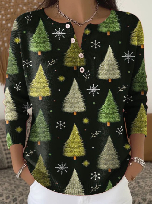 Women's Christmas Dinosaur Forest Print Button Sweatshirt
