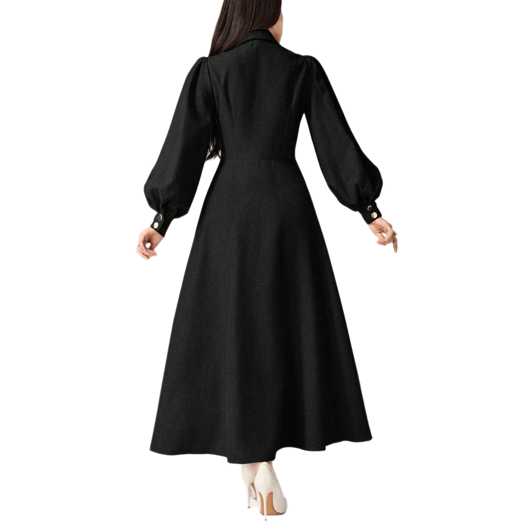 Women's Solid Color Lantern Sleeve V-Neck Long Dress