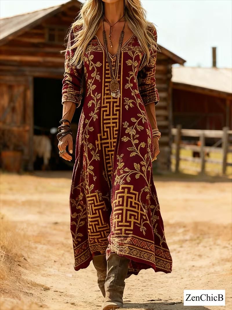 Women's Vintage Tribal Print Pleated Midi Dress