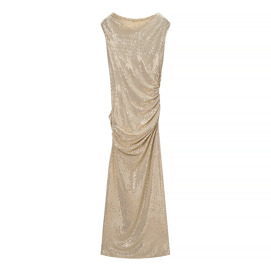 Women's Cowl Neck Bodycon Midi Dress Sleeveless Sequin Pleated
