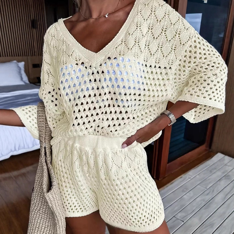 Women's V-Neck Hollow-Out Knit Two-Piece Set Casual Spring Summer