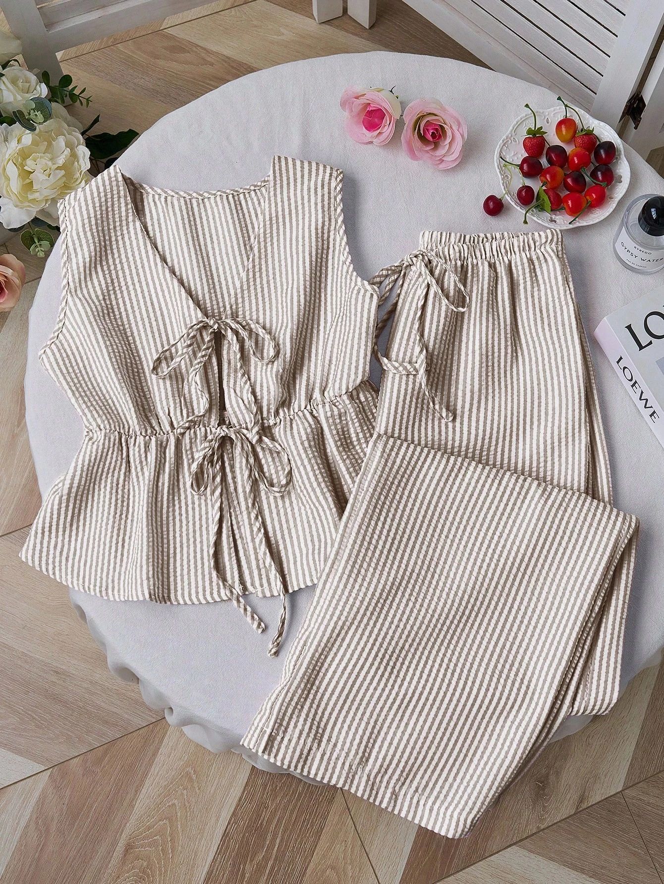Striped Sleeveless Tank Top and Wide-Leg Pants Set