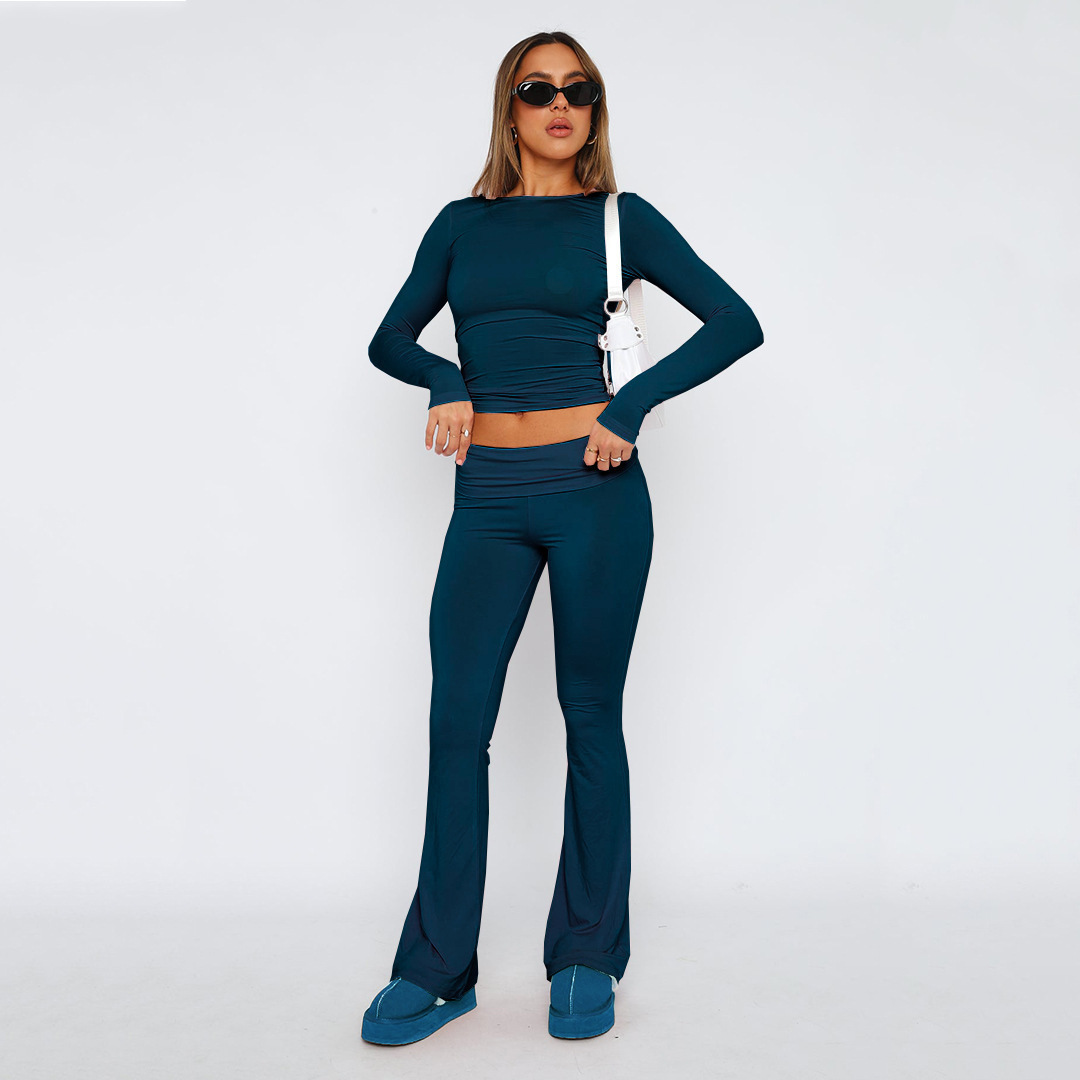 Women's Solid Color Slim Fit Low Waist Flare Pants Two-Piece Set