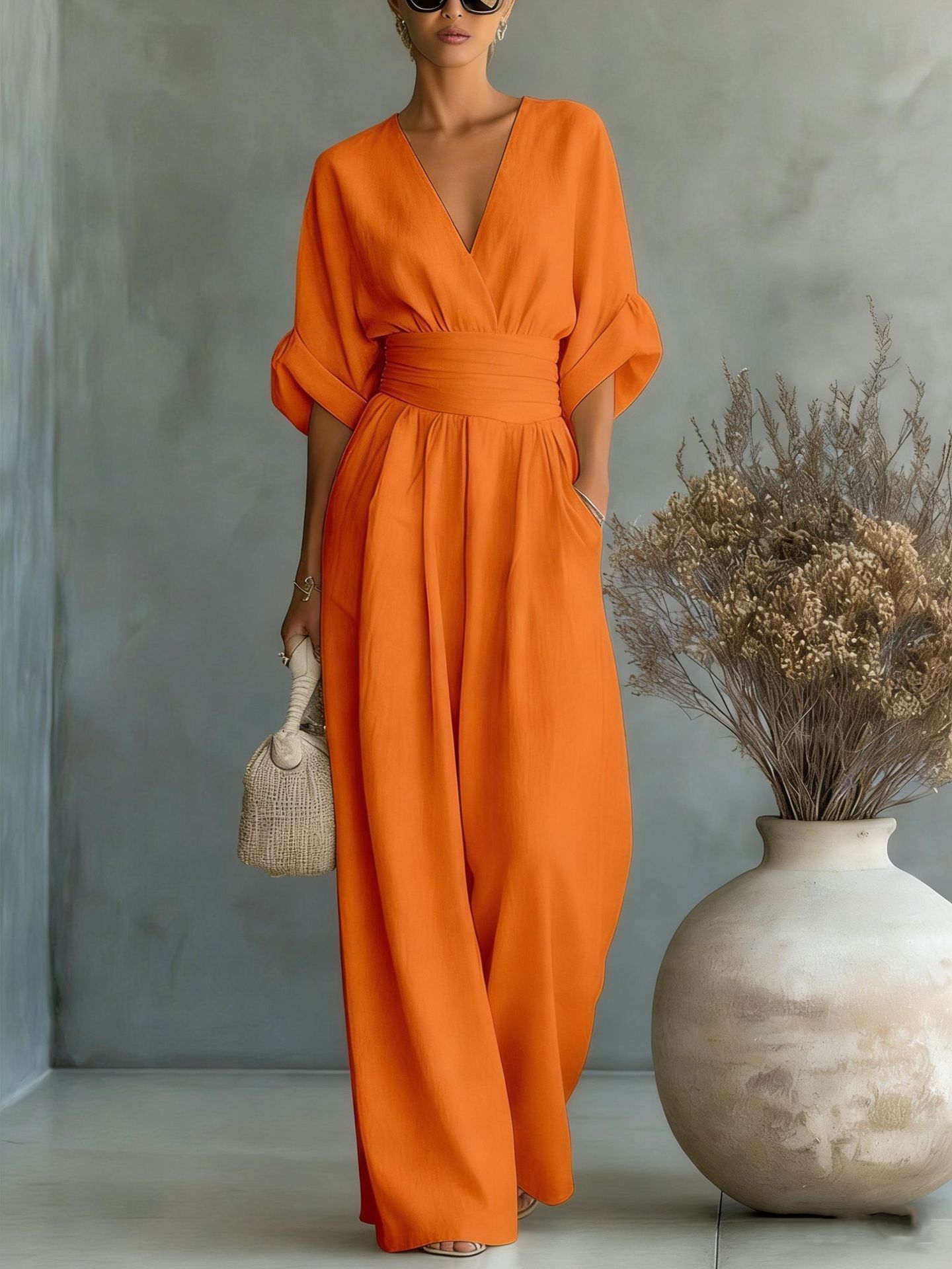 Elegant V-Neck Cinched-Waist Wide-Leg Jumpsuit