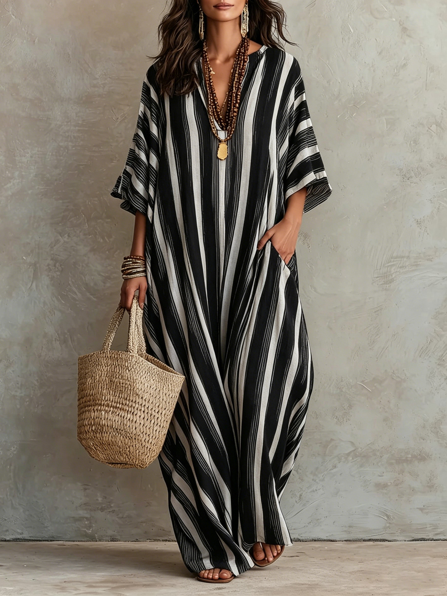 Striped Print A-Line Maxi Dress with Pockets