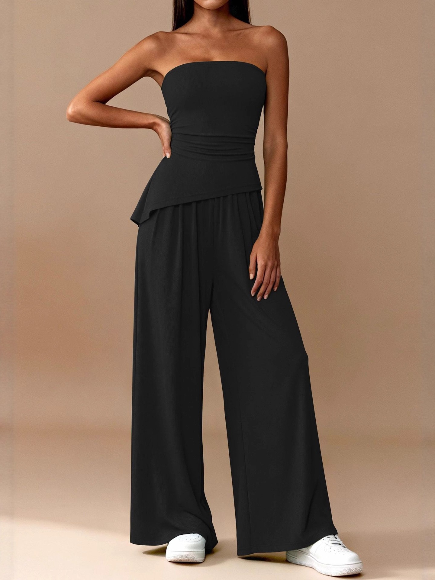 Solid V-Neck Short-Sleeve Top & Wide-Leg Pants 2-Piece Casual Set