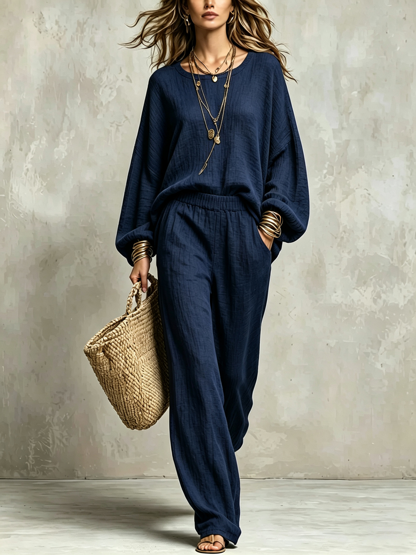 Double-Layer Crinkled Linen Two-Piece Set with Loose Sleeves and High-Waist Wide-Leg Pants