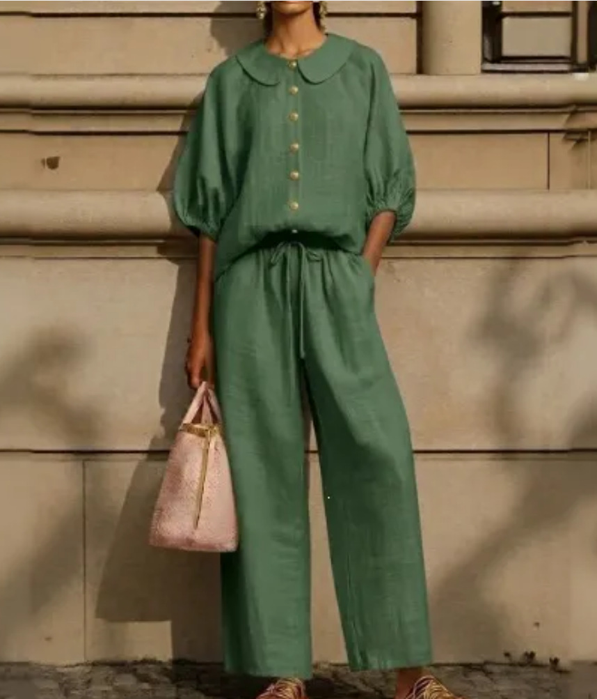 Women's Linen-Blend Collared Shirt and Wide-Leg Pants Set Casual Two-Piece