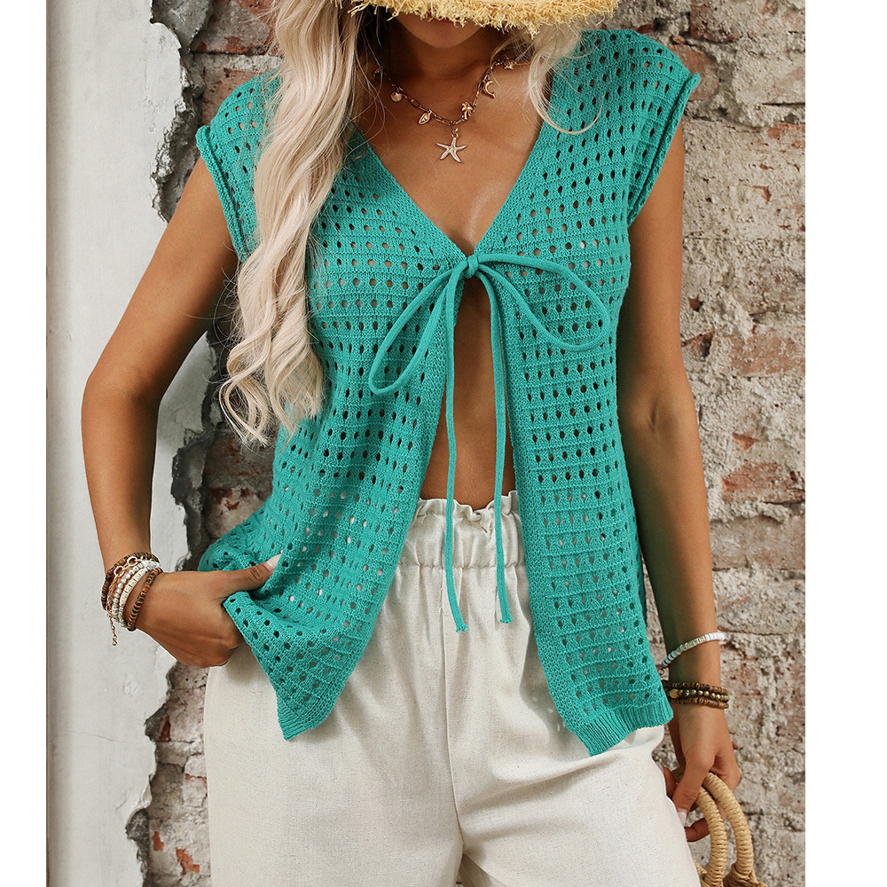 Women's Open Knit Short Sleeve Cardigan Tie-Front Hollow Out Cover-Up