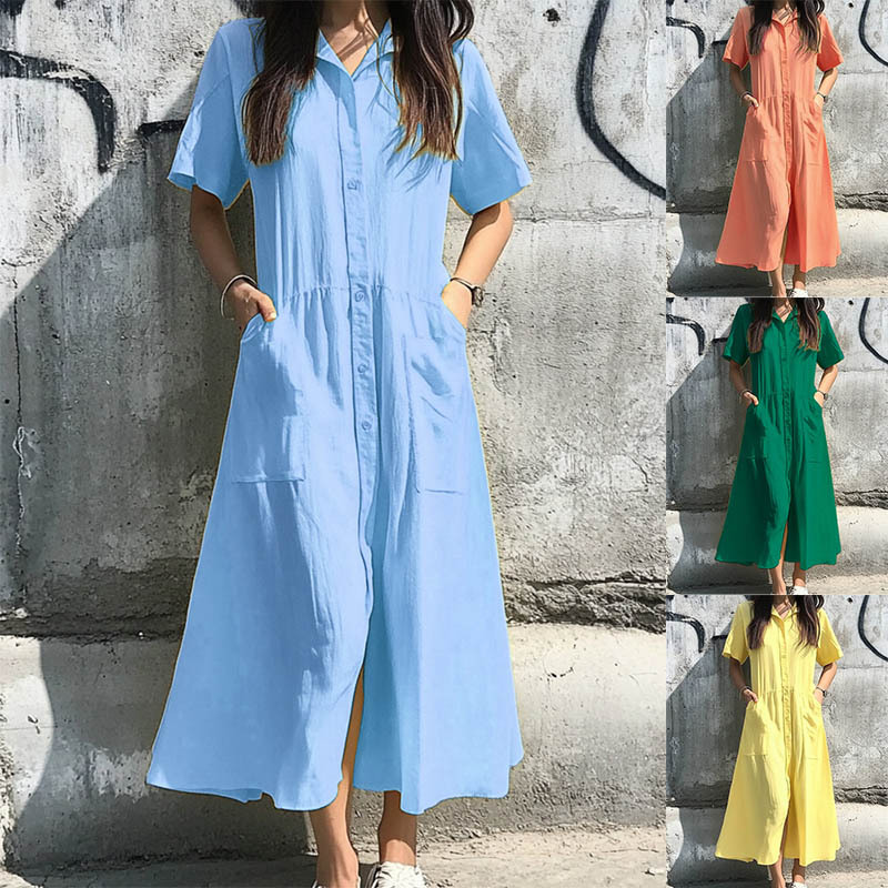 Women's Button-Front Short-Sleeve Casual Dress with Pockets