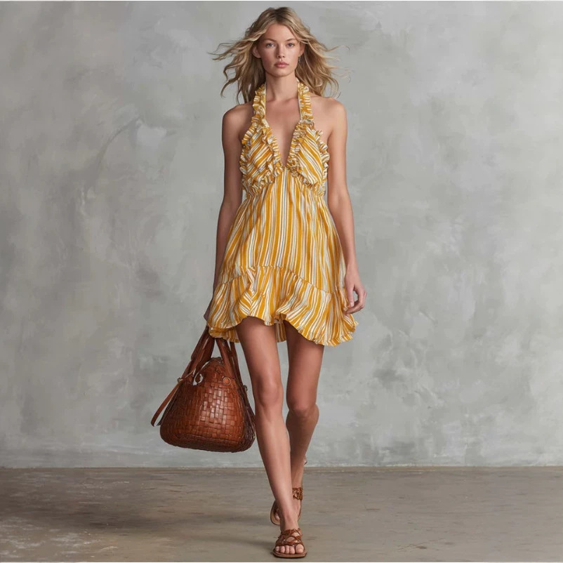 Retro Off-Shoulder V-Neck Striped Chiffon Mini Dress