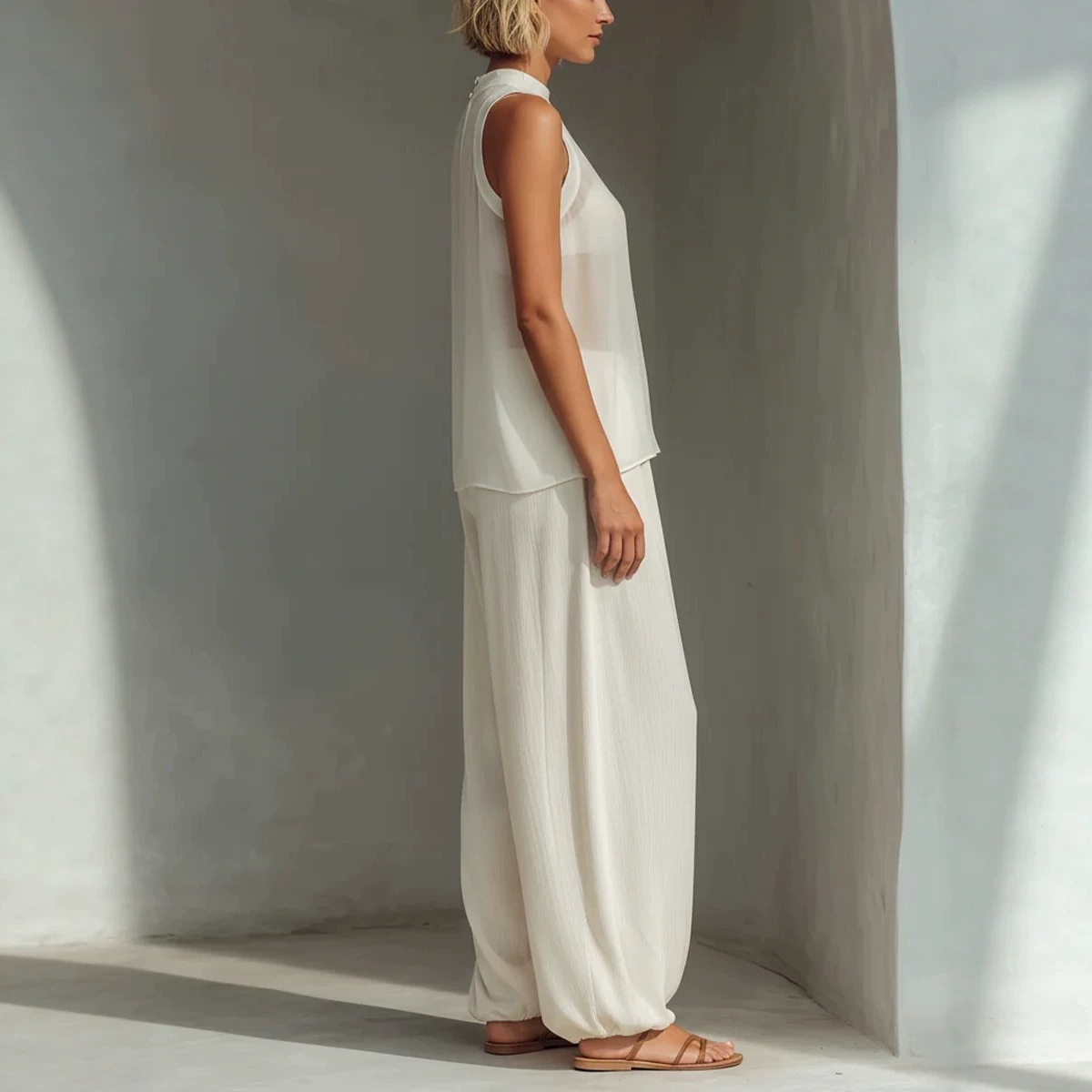 Semi-Sheer Sleeveless Drawstring Top & Wide-Leg Pants Set