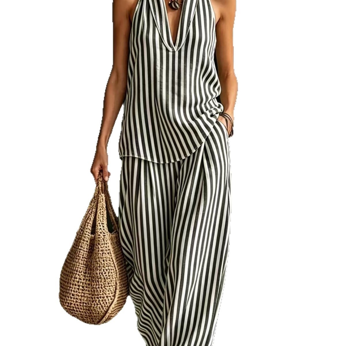 Women's Striped Halter V-Neck Sleeveless Two-Piece Pants Set