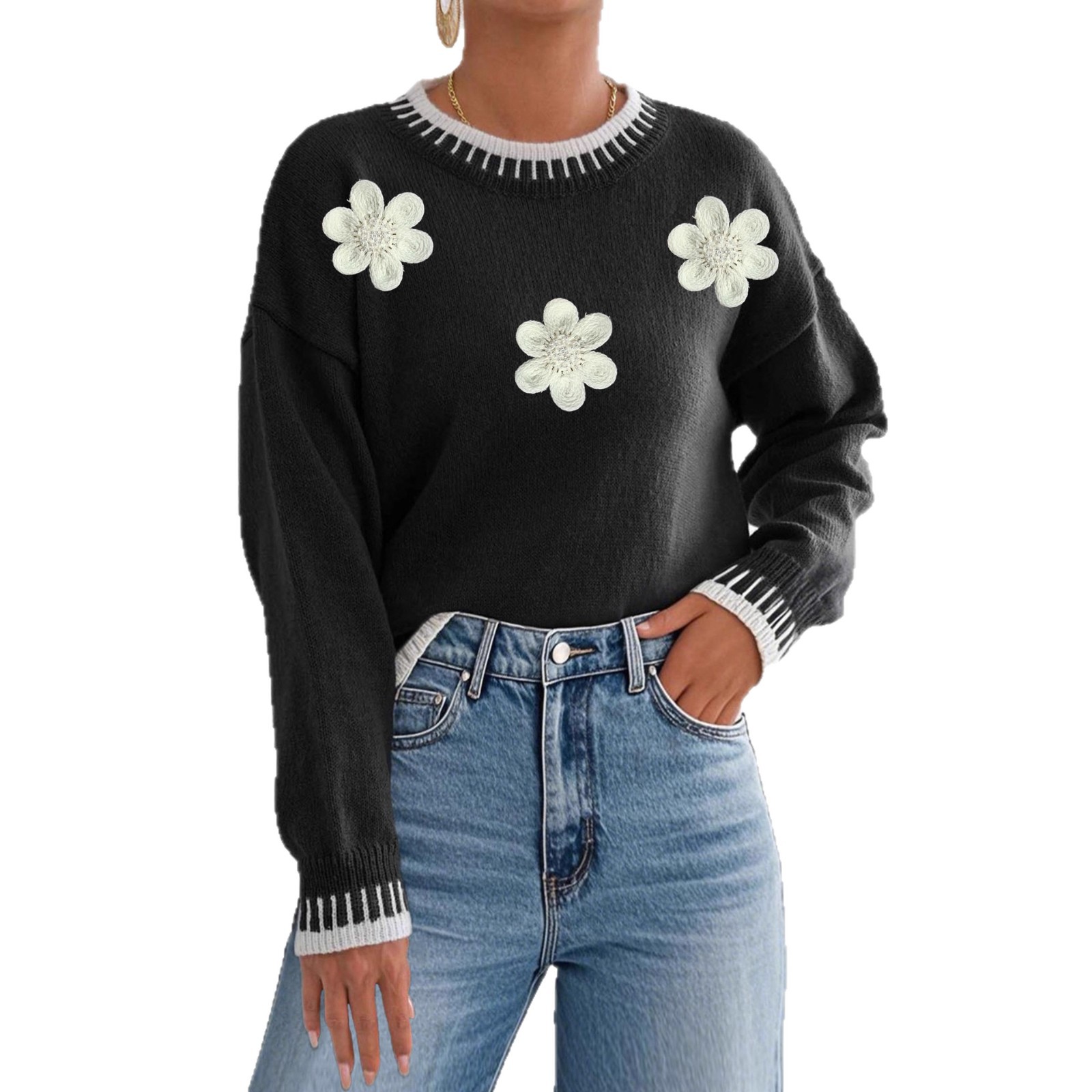 Color-Block Pullover Sweater with 3D Floral Embroidery & Beads