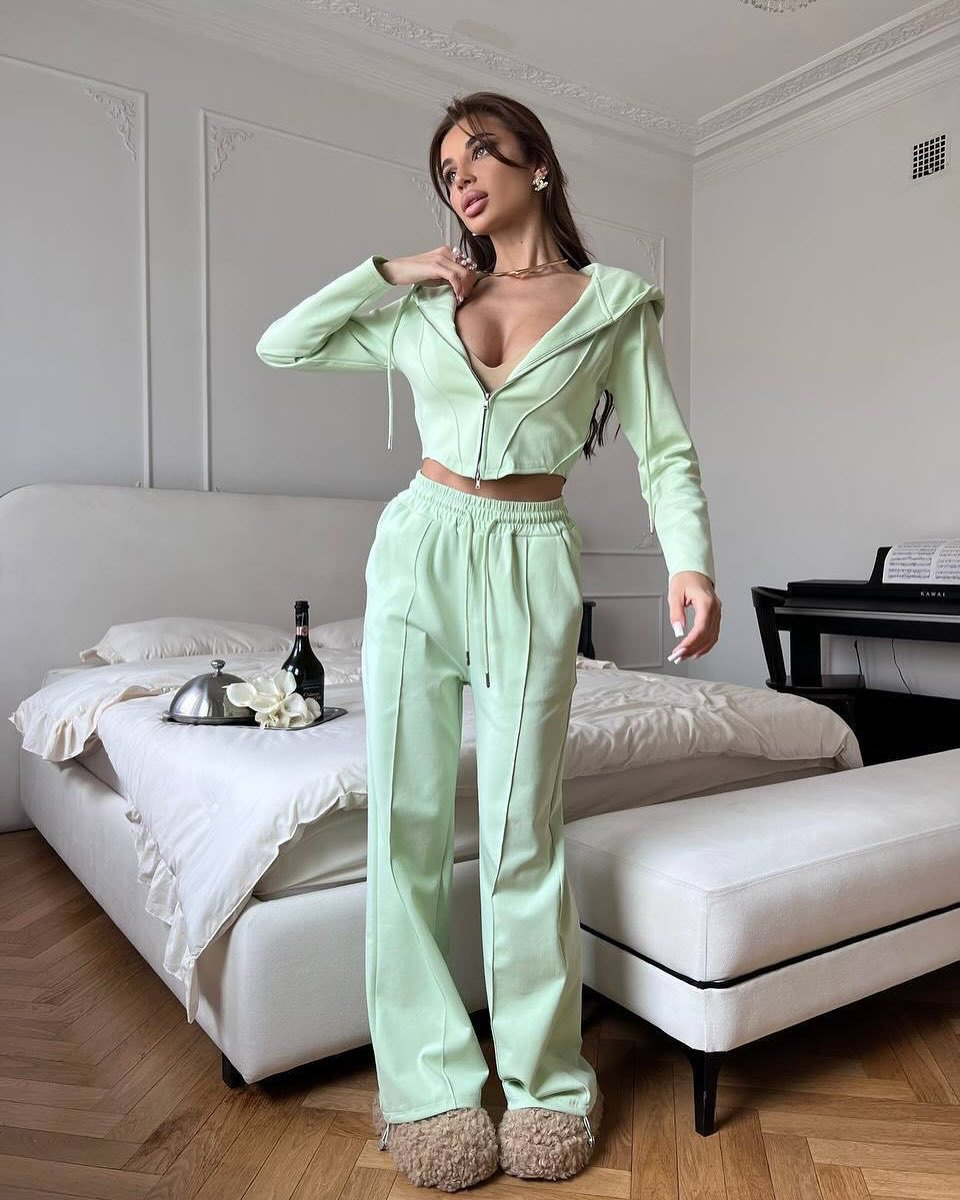 Women's Solid Color Long Sleeve Zip Crop Cardigan and Tie-Waist Pants Two-Piece Set