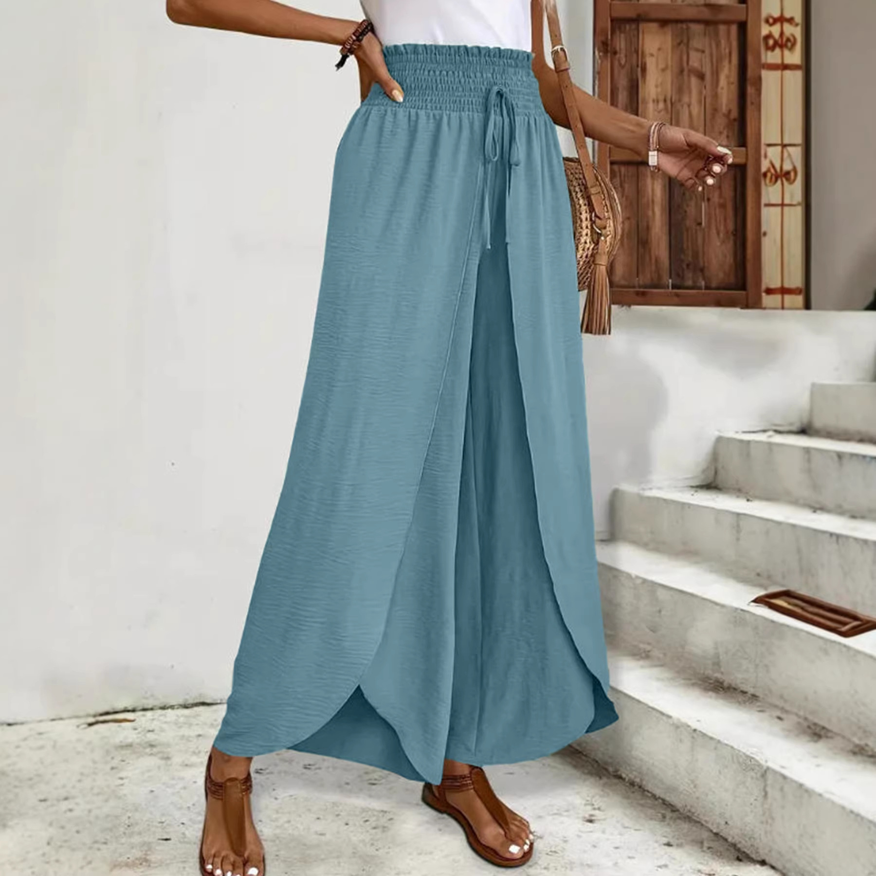 Women's Elegant Split Hem Loose Waist Lightweight Breathable Casual Pants