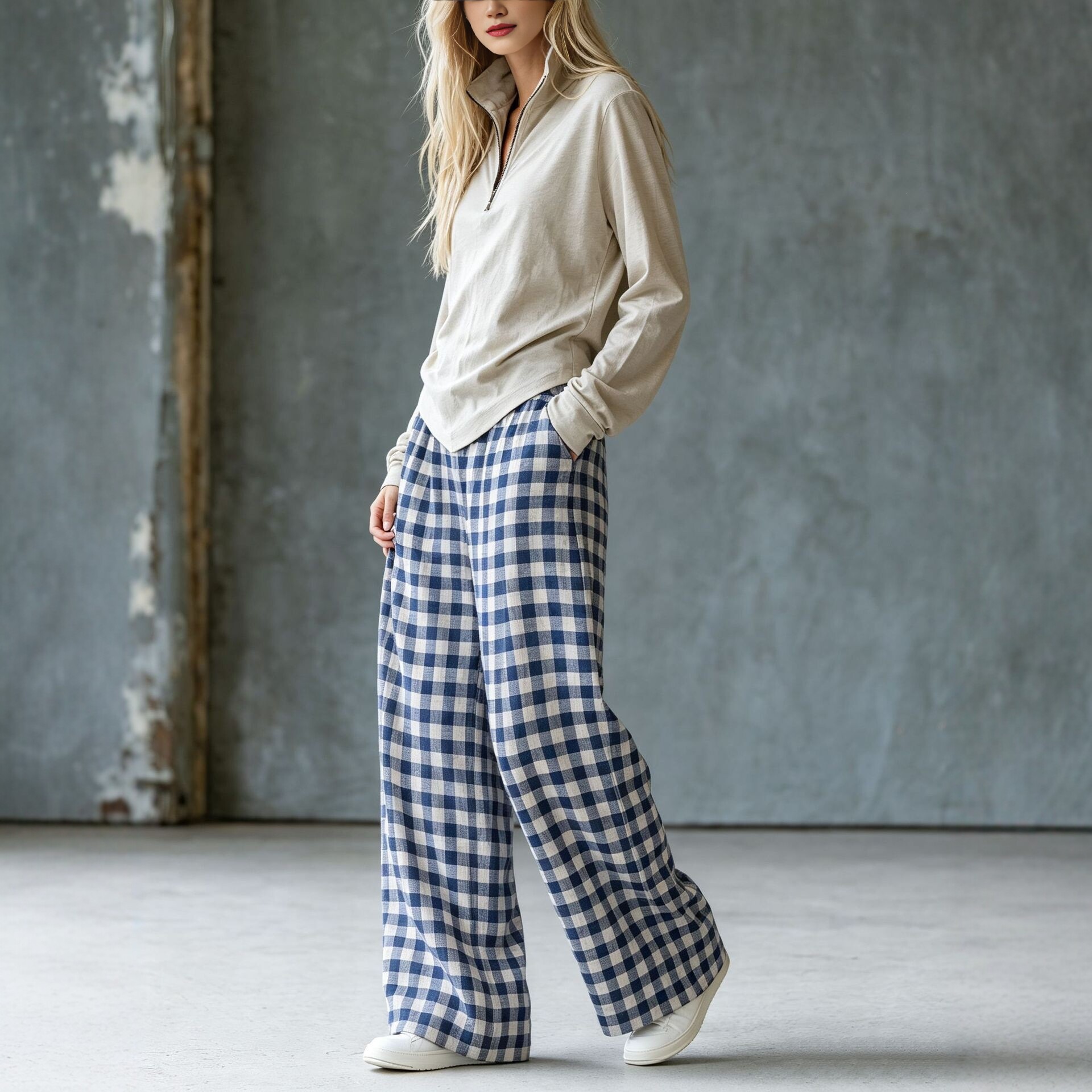 Retro Plaid Wide-Leg Pants and Fitted V-Neck Knit Top Two-Piece Set