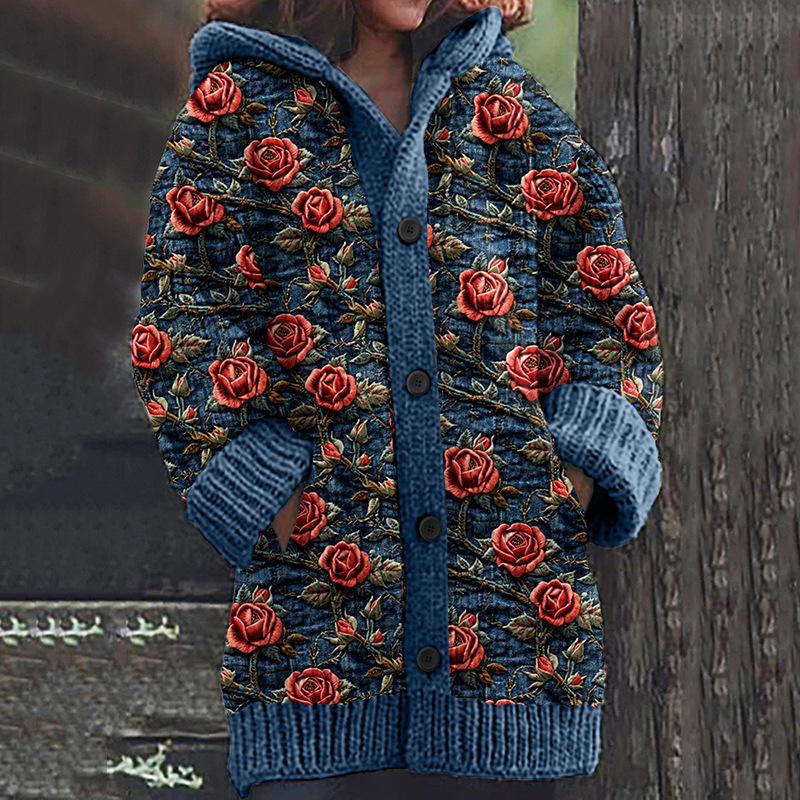 Women's Floral Puppy Rose Print Hooded Button Cardigan Sweater