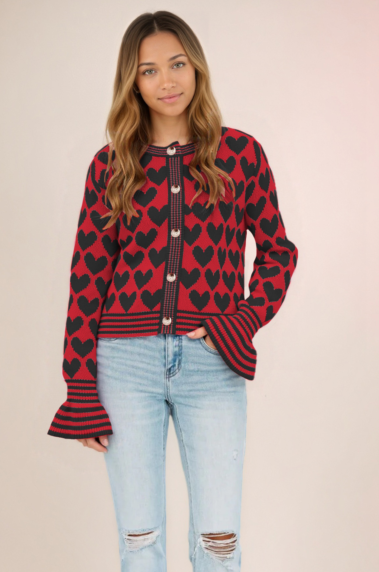Heart Knit Cardigan Button-Up Flared Sleeve Sweater