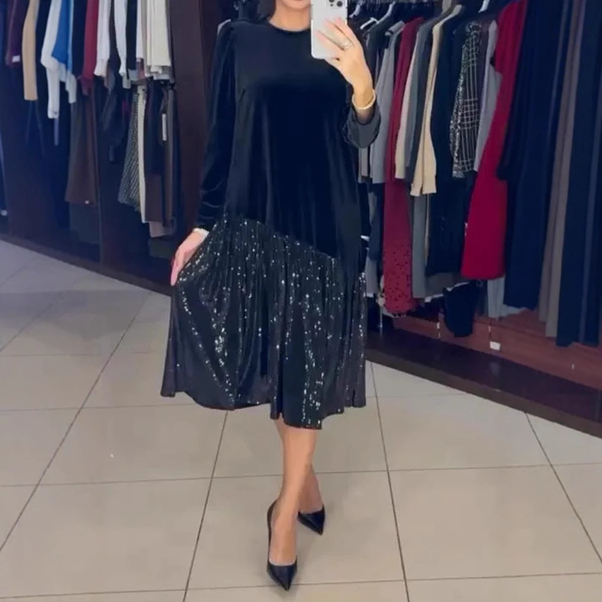 Solid Crewneck Long Sleeve Sequin Hem Dress