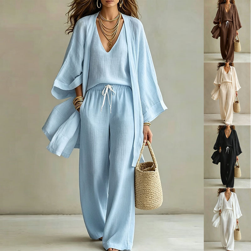 Women's Summer Solid Color Cotton-Linen 3-Piece Set: Open-Front Cardigan, Sleeveless Tank, Wide-Leg Pants