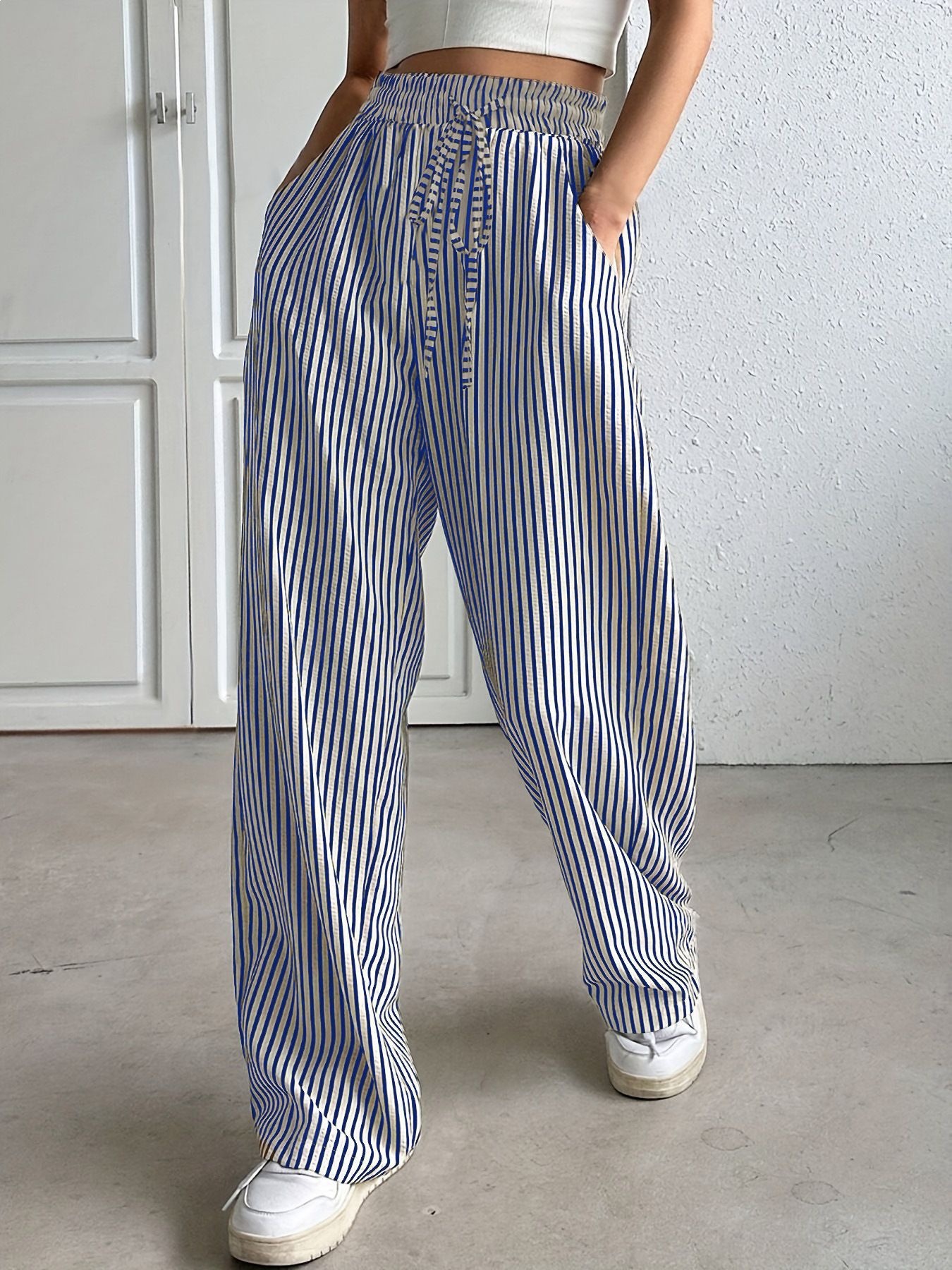 Striped Wide-Leg Drawstring Pants with Pockets