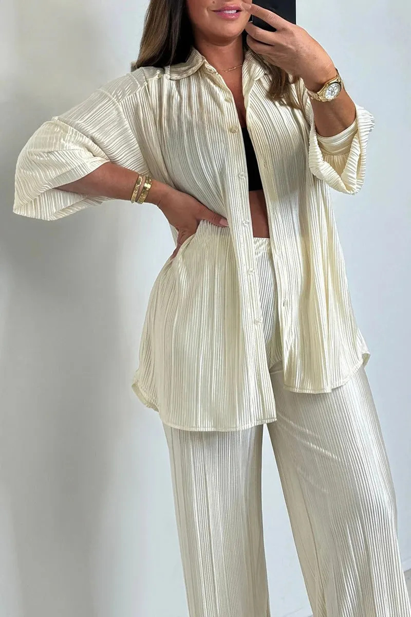 Women's Collared Button-Front Ruched Long-Sleeve Cardigan & Pants Set