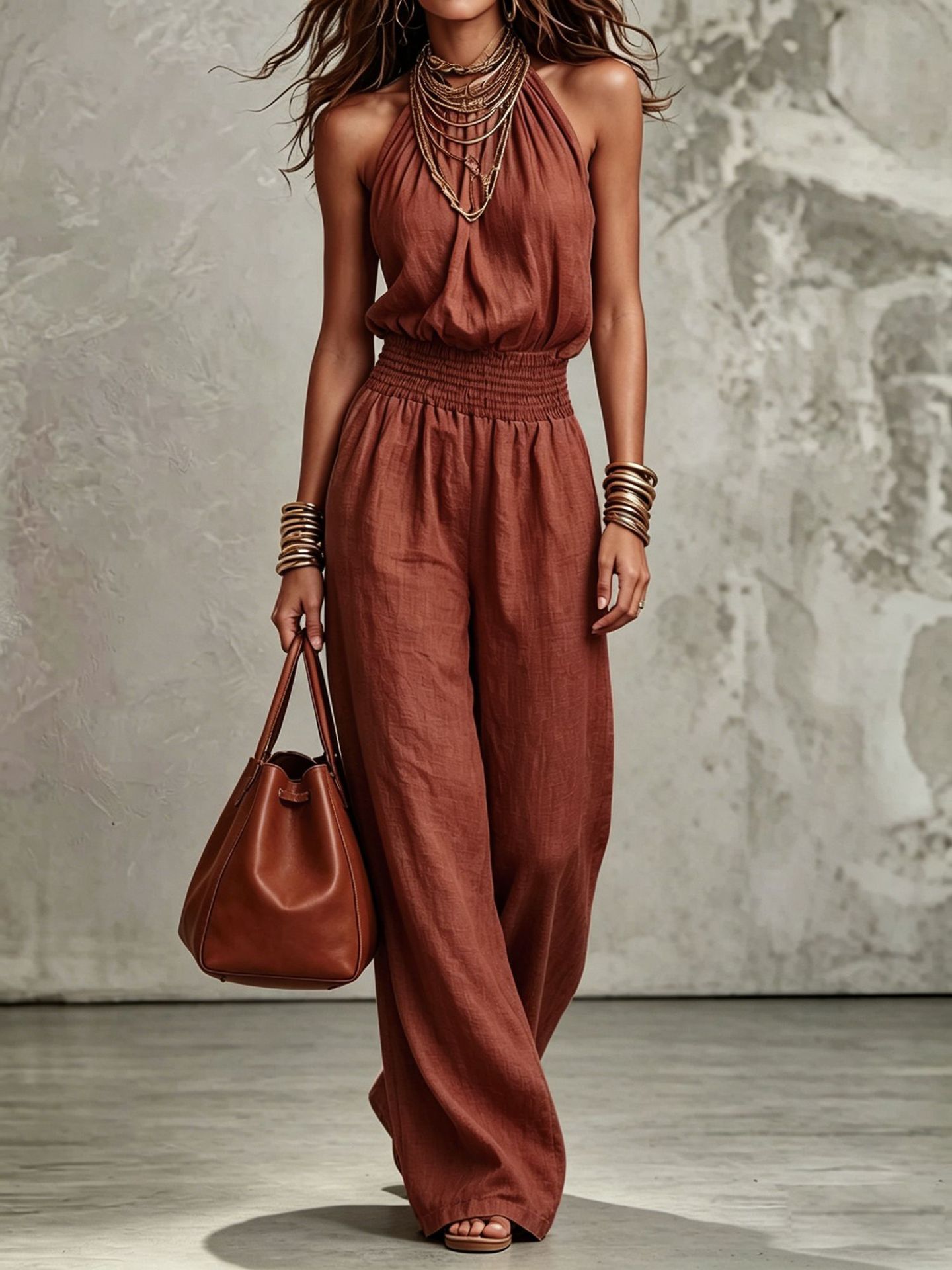 Sleeveless Halter Wide-Leg Jumpsuit with Cinched Waist