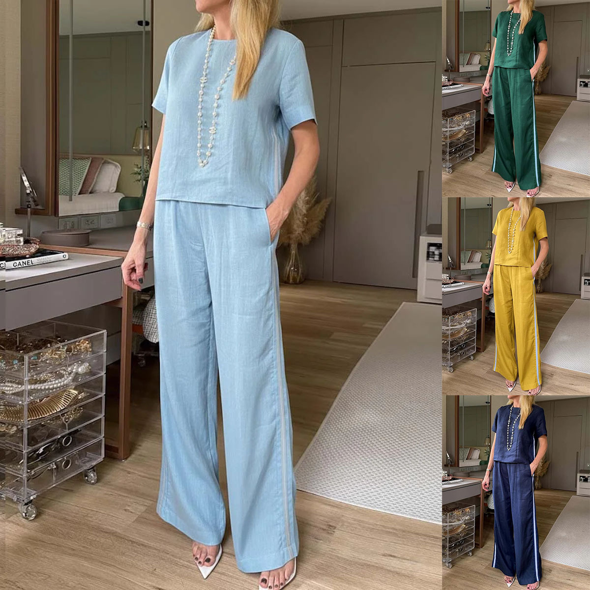 Women's Cotton-Blend Two-Piece Set with Crew Neck Top and Pants