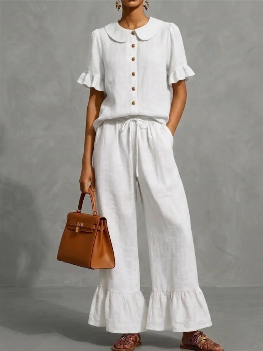 Ruffled Shirt & Wide-Leg Pants Linen Two-Piece Set