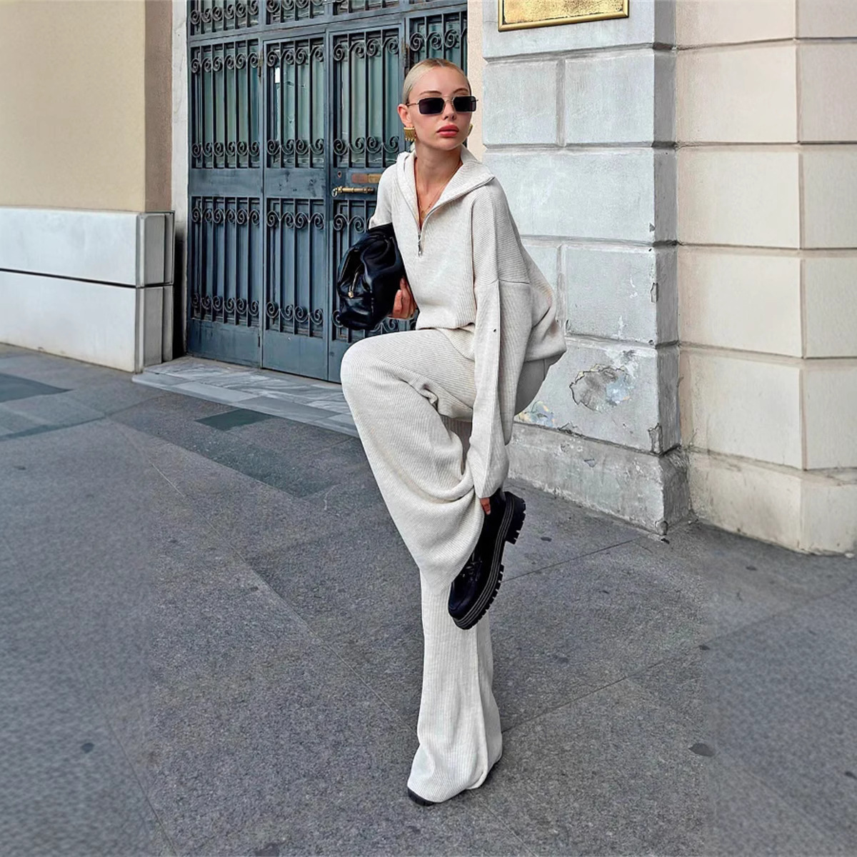 Women's Solid Color Knit Sweater and Pants Set Relaxed Fit Two-Piece