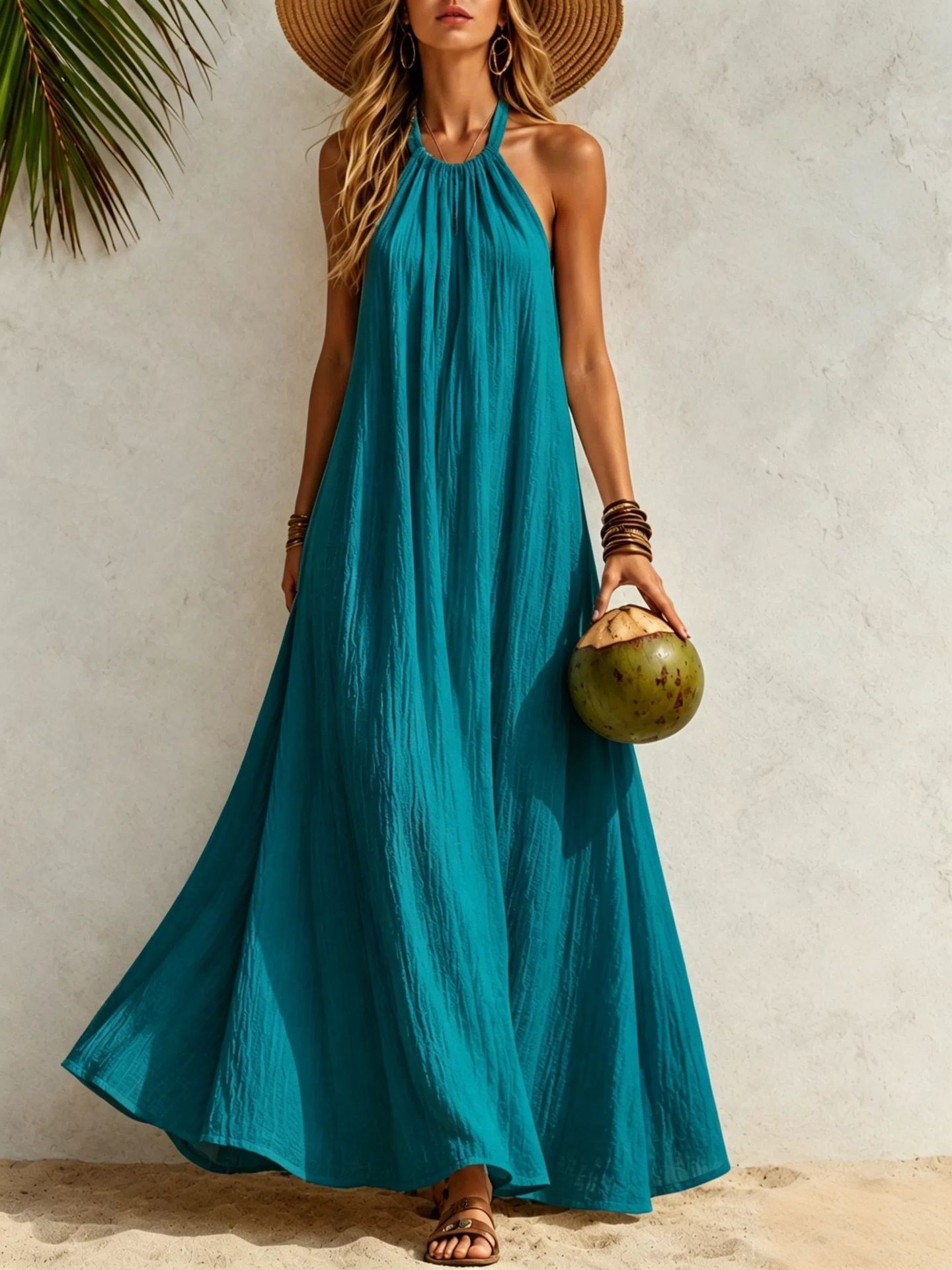 Women's Halter Neck Maxi Dress Loose A-Line Boho Beach Vacation Dress