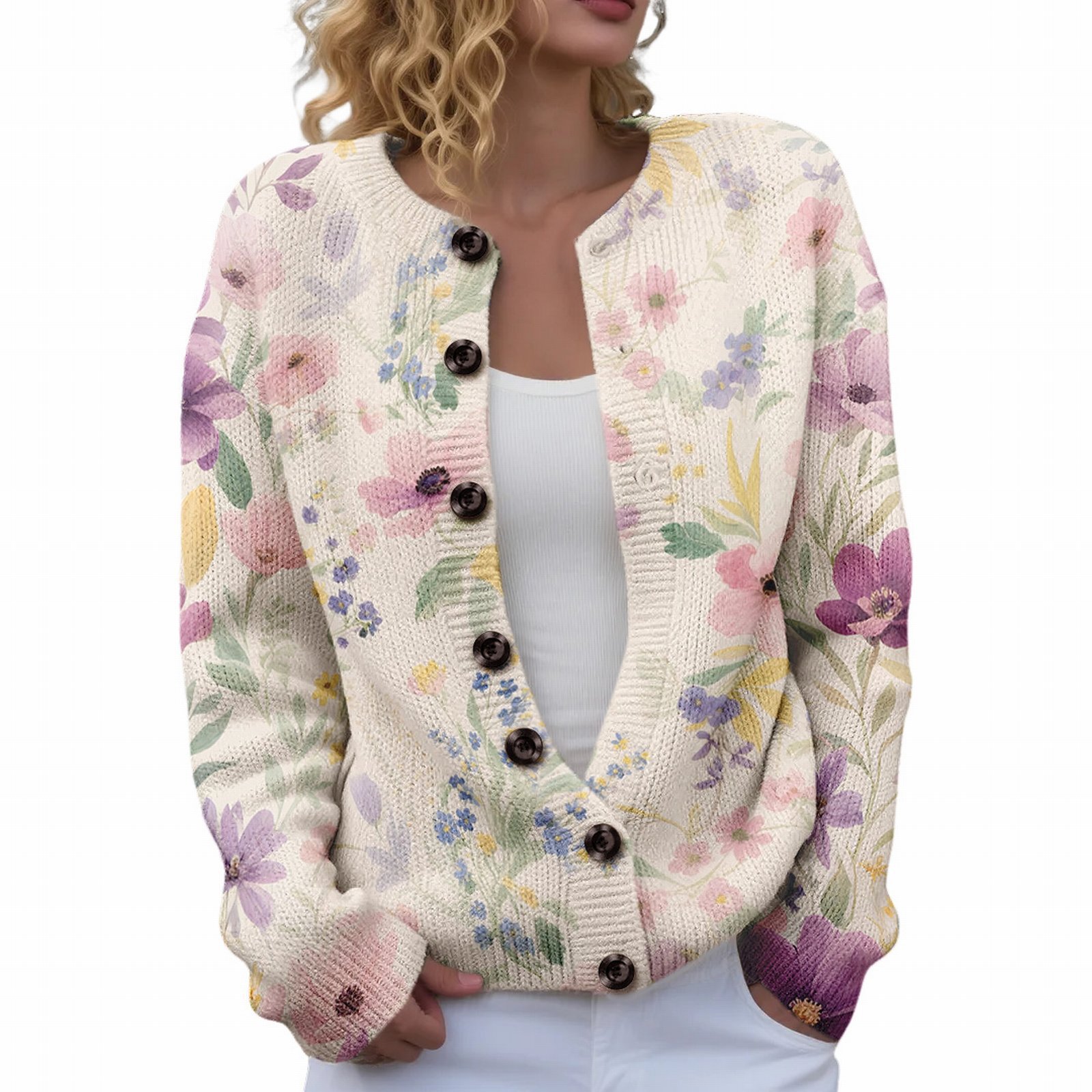 Women's Floral Maple Leaf Print Button Cardigan