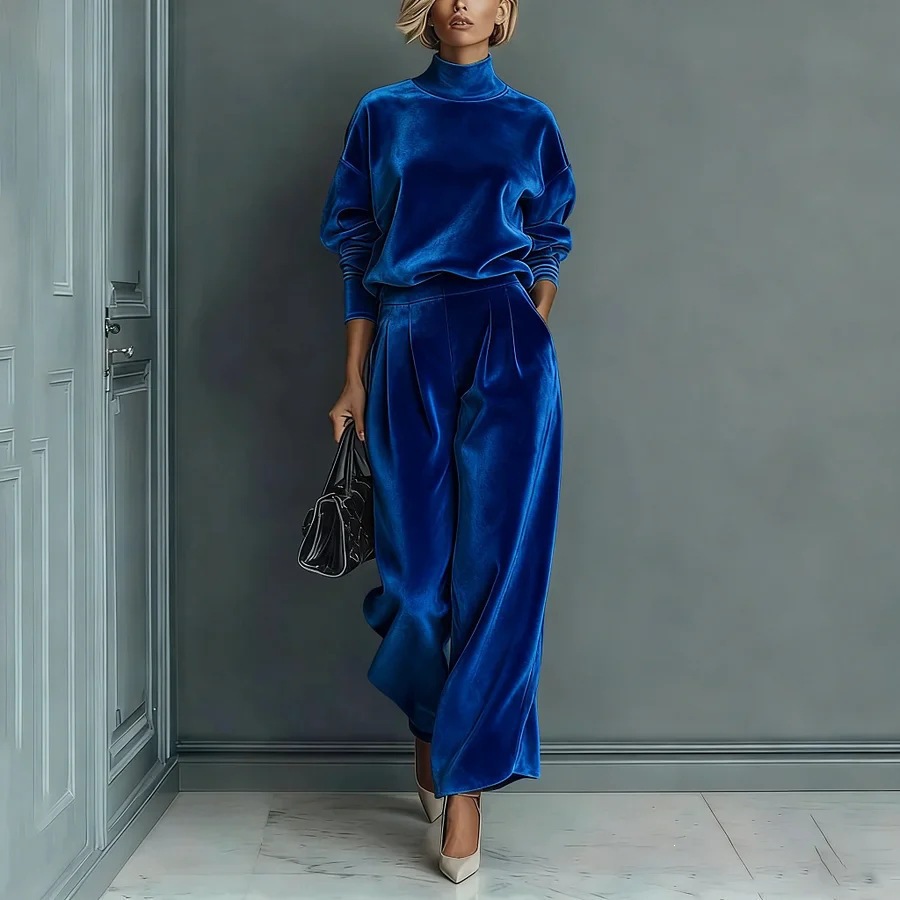 Velvet Long-Sleeve Turtleneck Top & Wide-Leg Pants Set