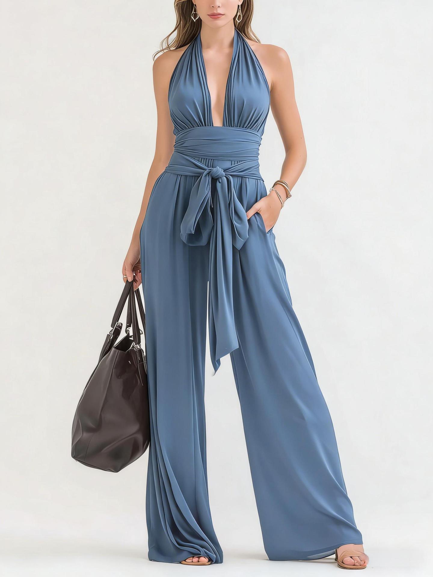 Elegant Halter V-Neck Long Sleeveless Jumpsuit Solid Color