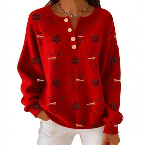 Women's Snowman Carrot Snowflake Smiley Print Button Sweatshirt