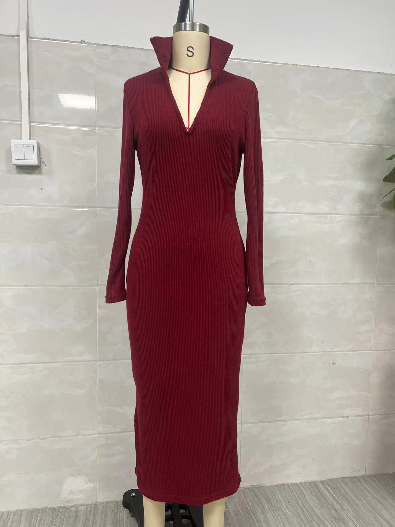 Women's Slim Fit Belted Midi Bodycon Dress High Neck Long Sleeve Knit