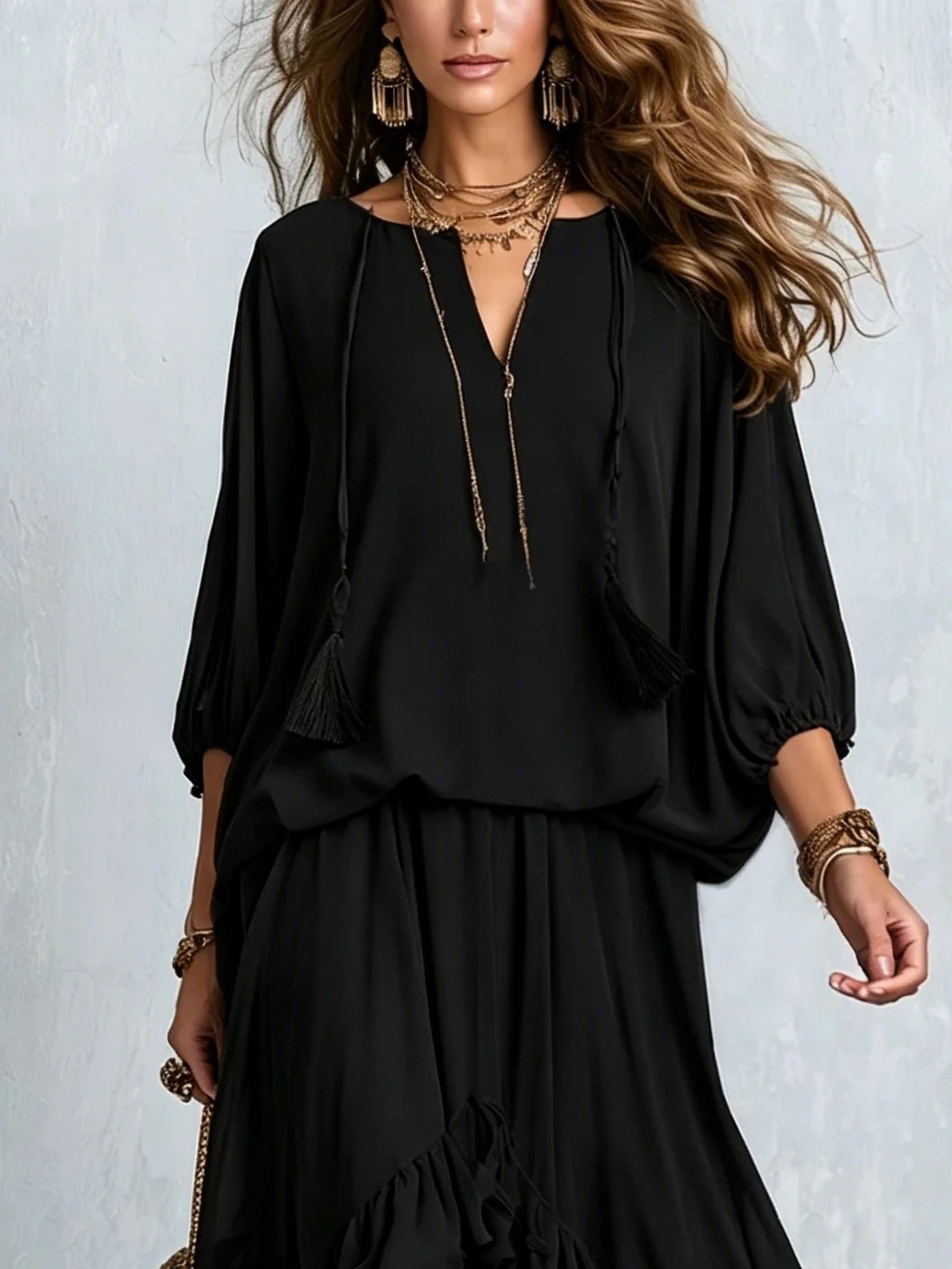 Lazy V-Neck Fringe Tie Loose Top and Ruffled Asymmetrical Maxi Skirt Two-Piece Set