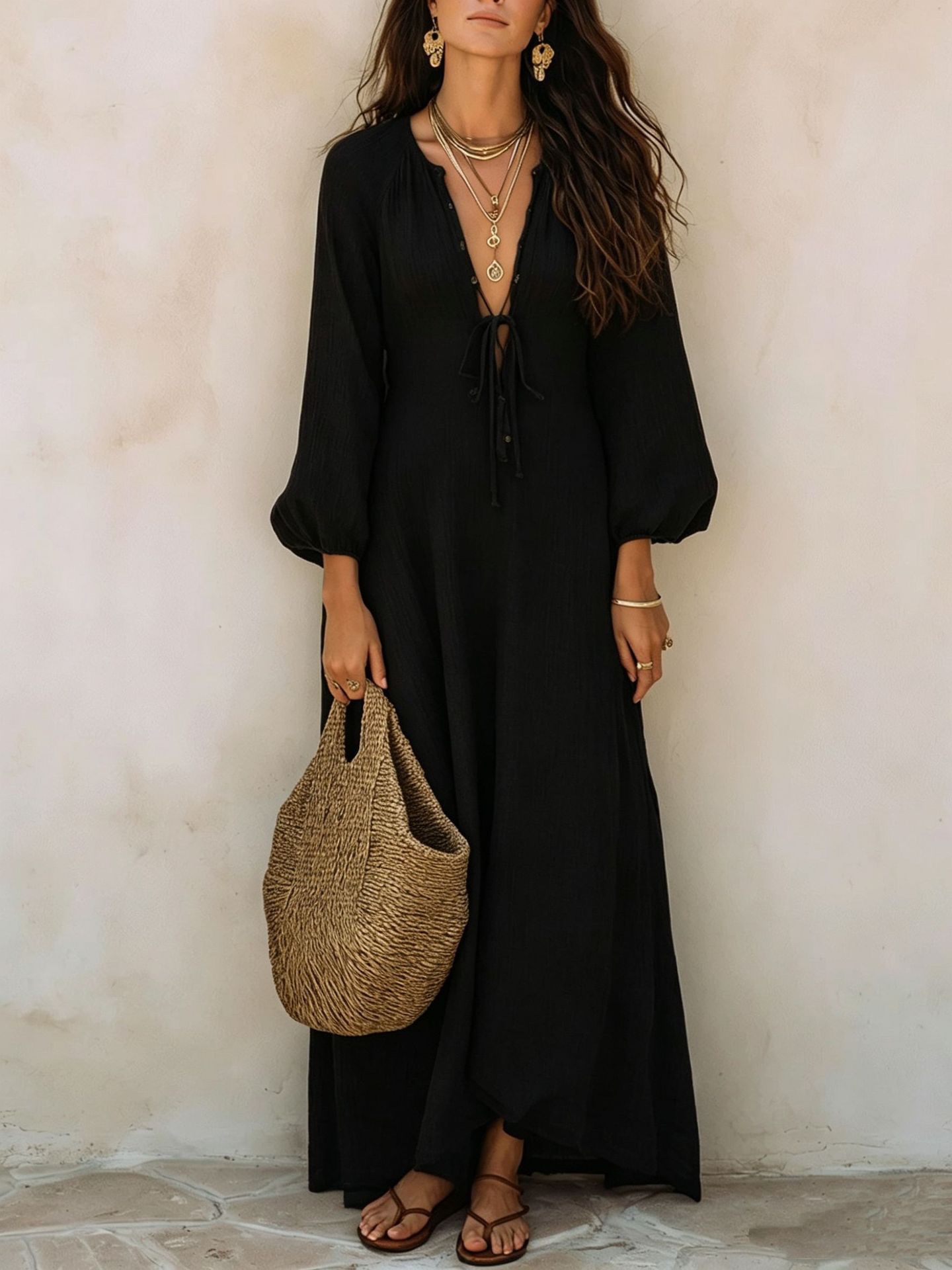 Deep V-Neck Tie-Front Textured Bubble Sleeve Boho Maxi Dress