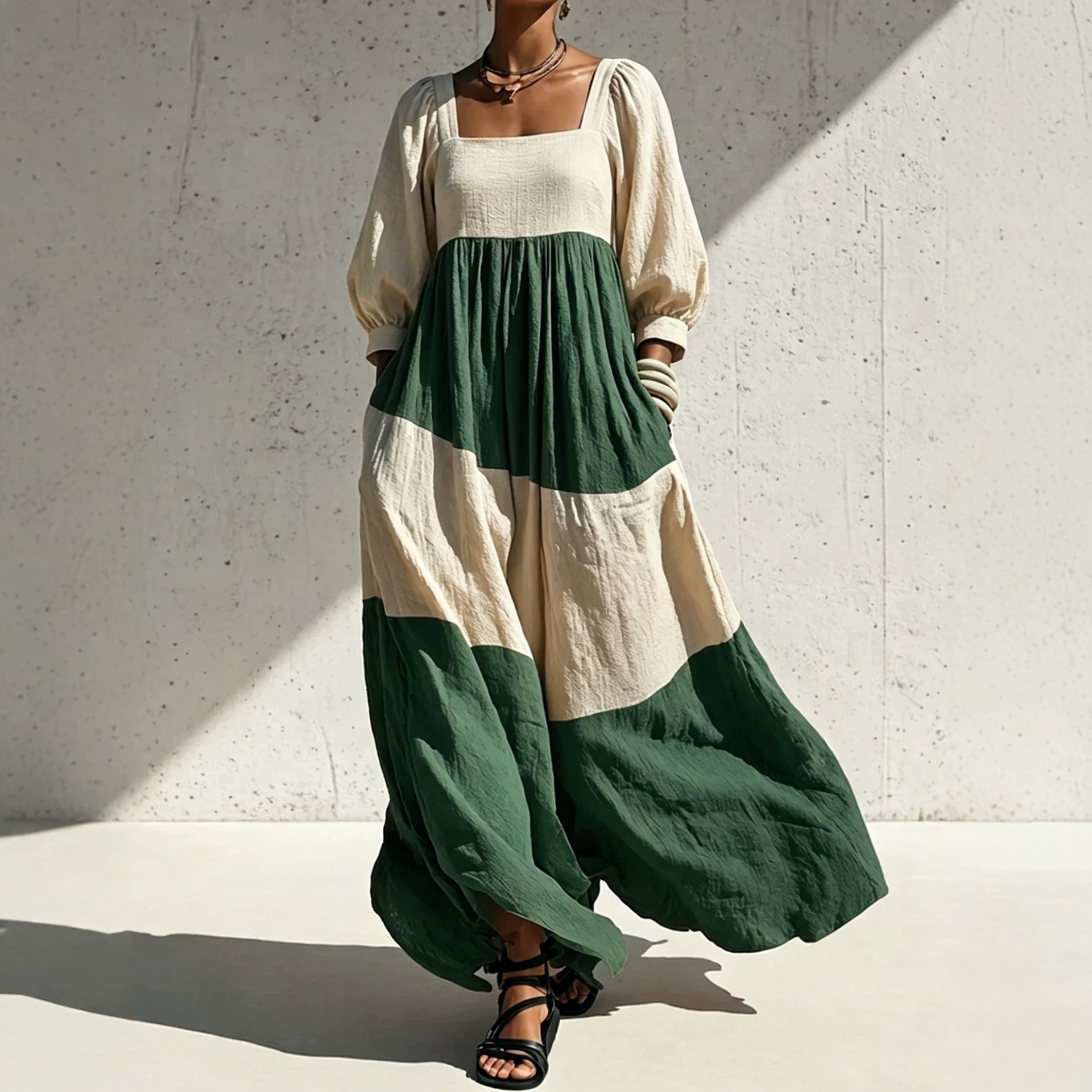 Color-Block Square-Neck Long Sleeve Cotton-Linen Dress