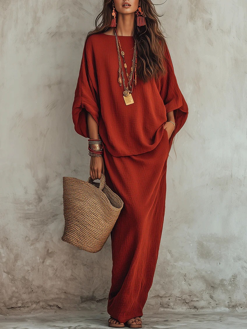 Women's Solid Color Long Skirt Two-Piece Set Casual Loose Fit