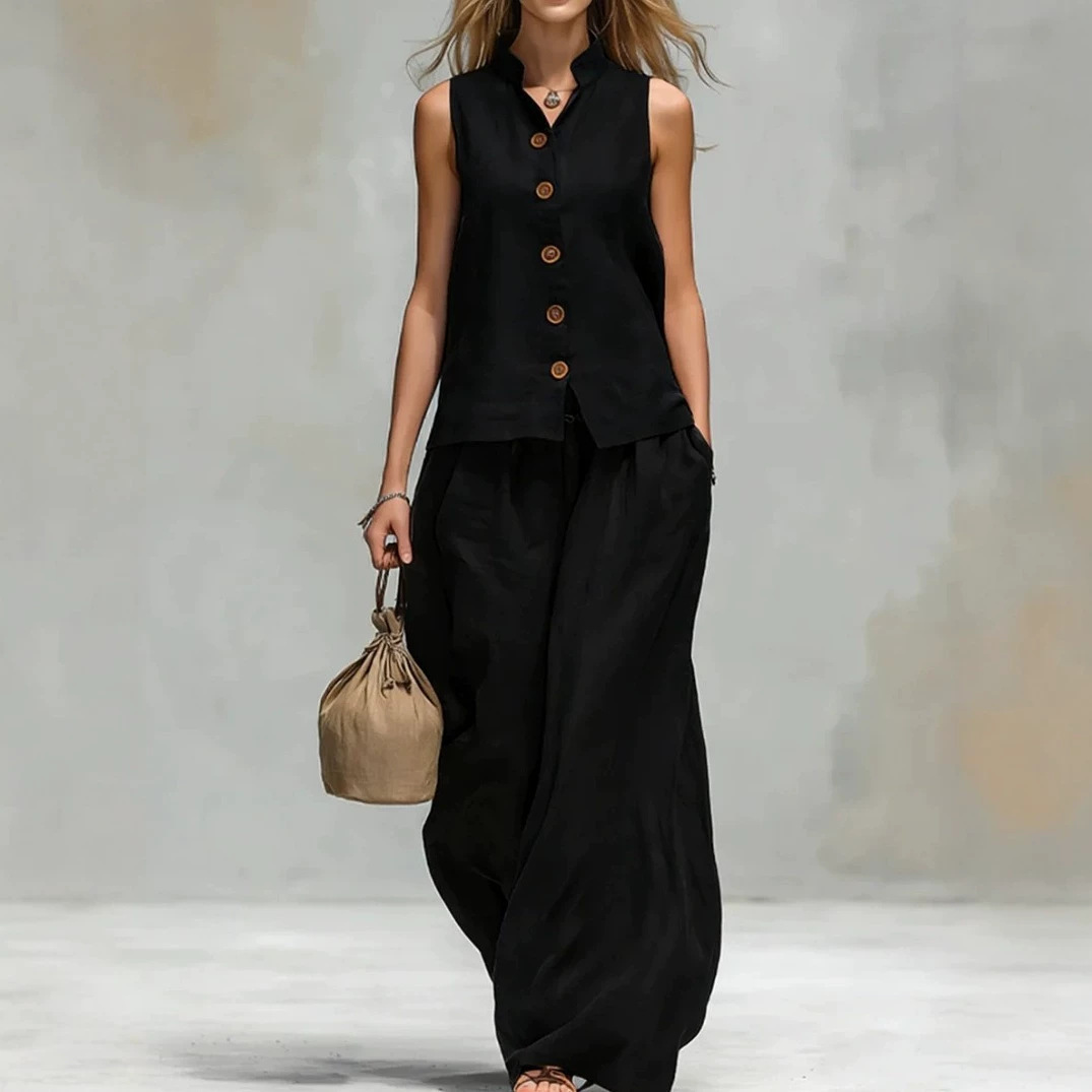 Women's V-Neck Tank Top and Pants Set Casual Cotton Linen Solid Color