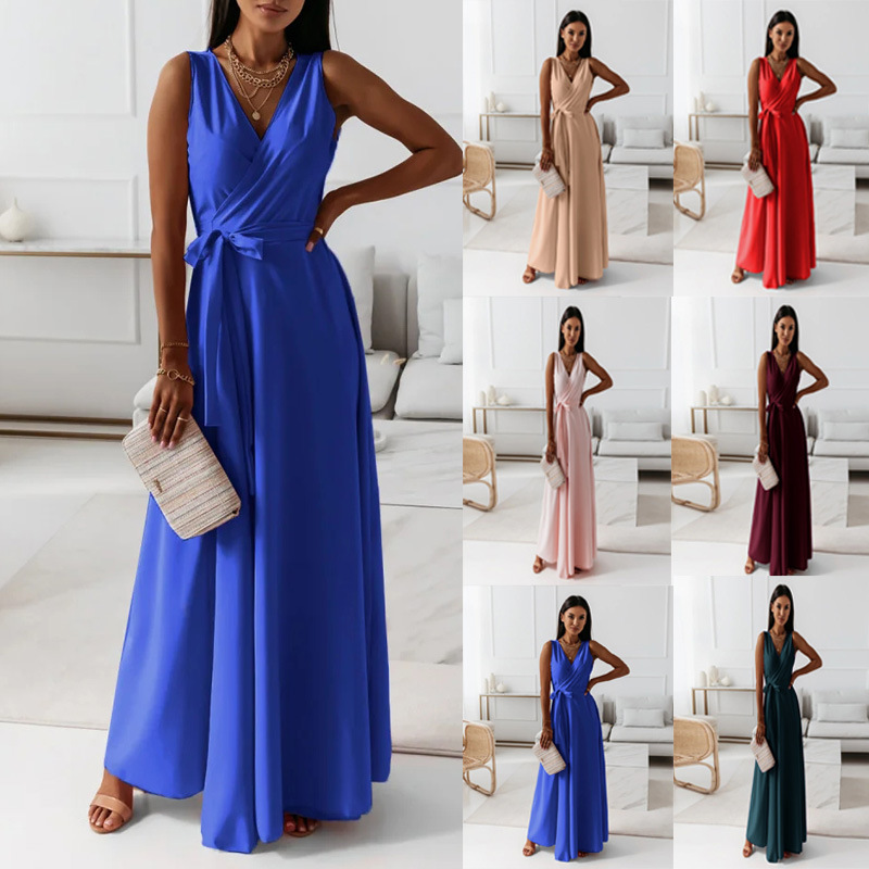 Women's Solid V-Neck Sleeveless A-Line Maxi Dress with Belt
