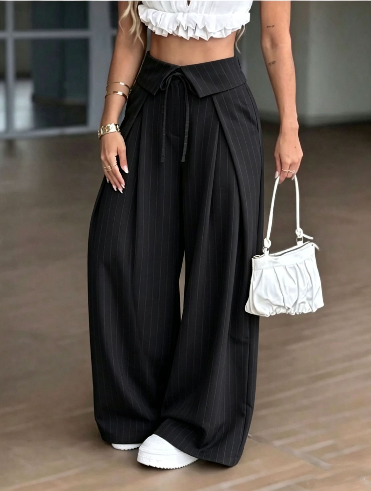 High-Waist Striped Wide-Leg Suit Pants Casual Trousers