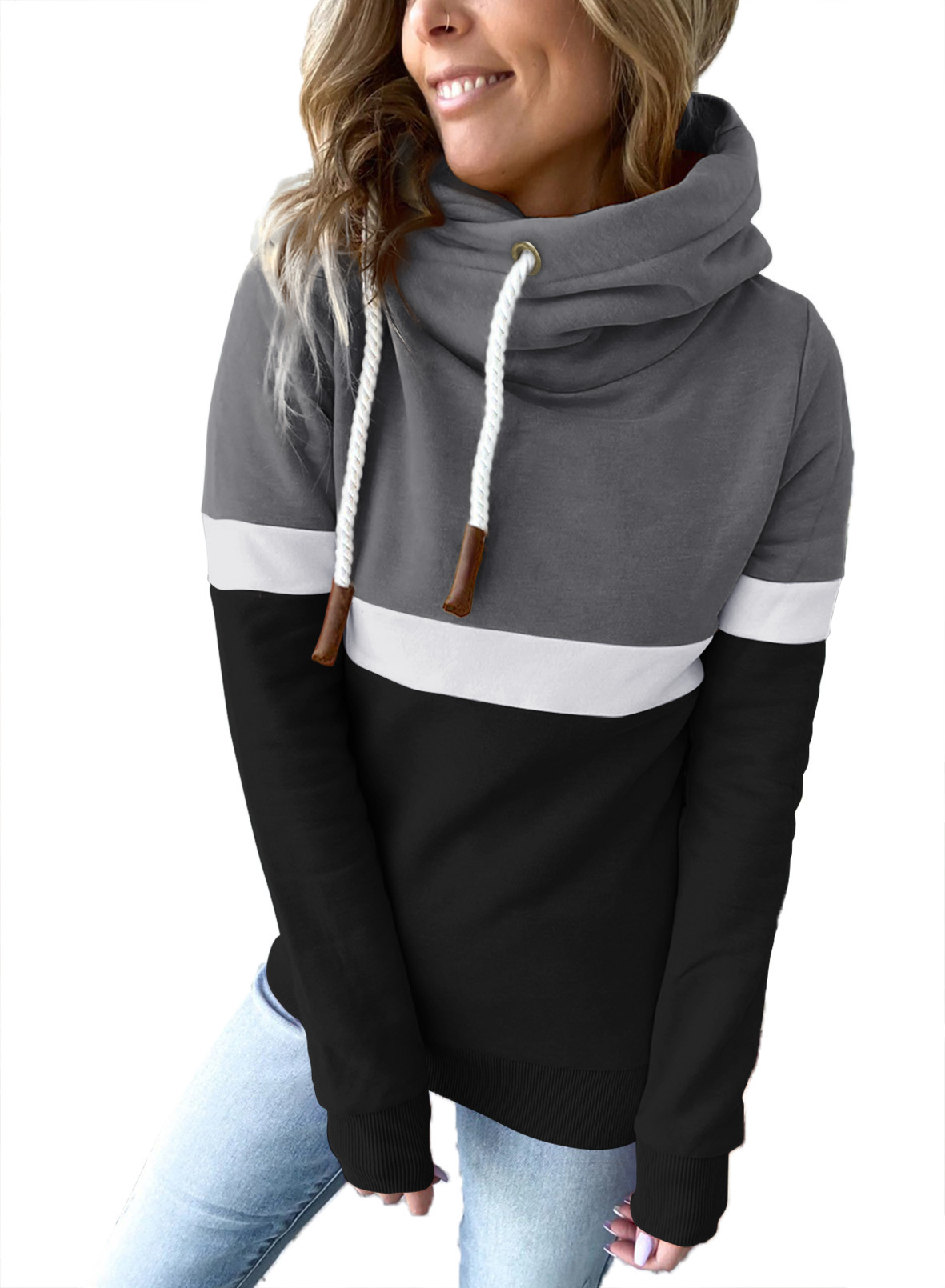 Women's Colorblock High Neck Hooded Sweatshirt